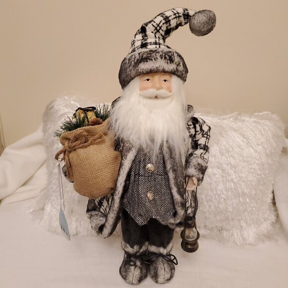 NWT White Pine Free Standing Santa Black White Plaid Herringbone Holiday Decor - Picture 1 of 17